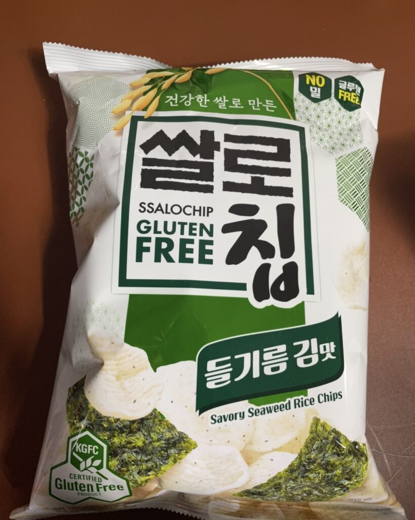 Front view of the Ssalochip Perilla Seaweed Flavor bag, showing its light and savory rice-based snack design.