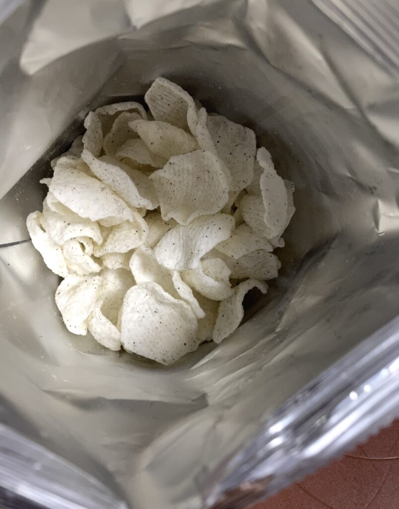 A look inside the opened bag, showing the actual amount and shape of the chips for people searching Where to buy Korean snack
