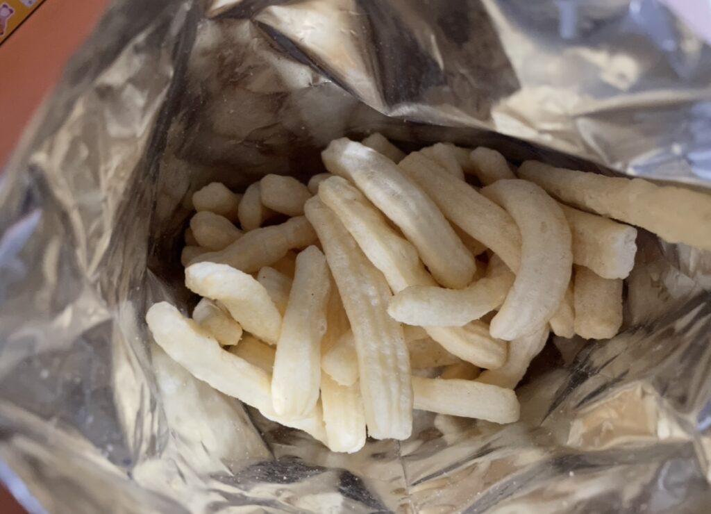 hollow potato sticks fill the bag evenly. a clear look for people wondering where to buy korean snack