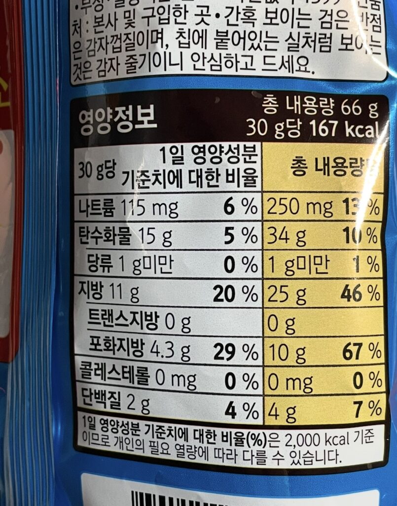 Nutrition information of Pocachip Original, showing 167 kcal per 30 g and key nutrient details such as fat, carbohydrates, and protein values