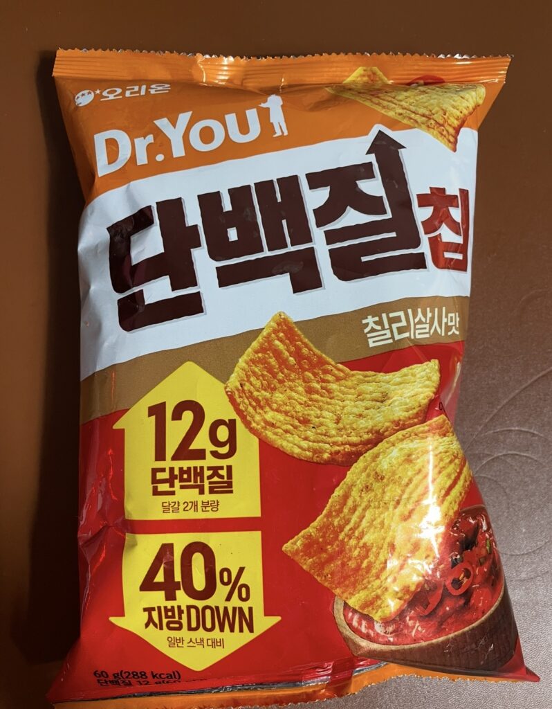 A clear front view of the dr.you protein chips package, showing the product’s clean design and its protein-focused style